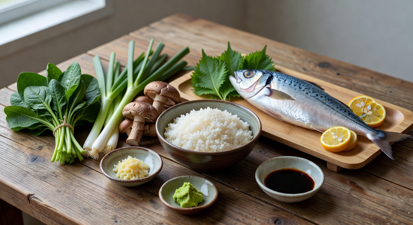 Beautifully arranged Japanese set meal with seasonal vegetables, rice, and miso soup